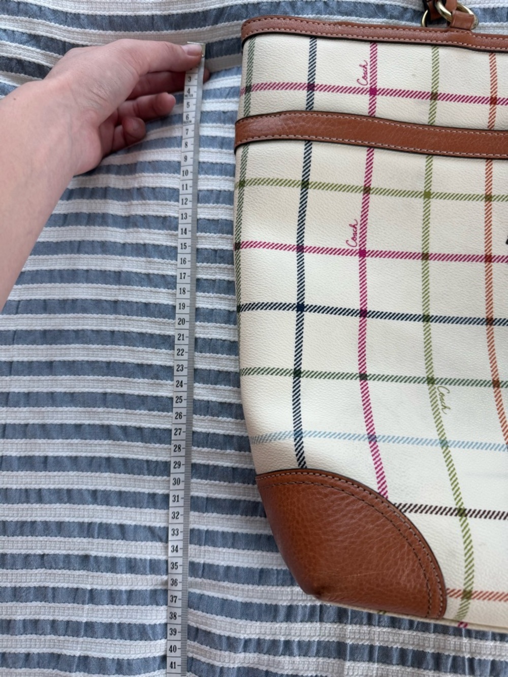 2008 Coach Heritage Cream Plaid Tote with Teal Center Stripe and Brown Trim - Picture 8 of 9
